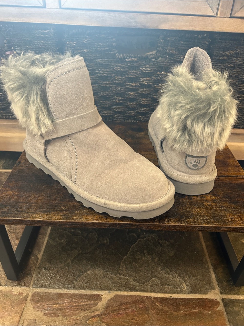 BearPaw Women's Konnie Grey Suede Faux Fur Ankle Boots, Size 8